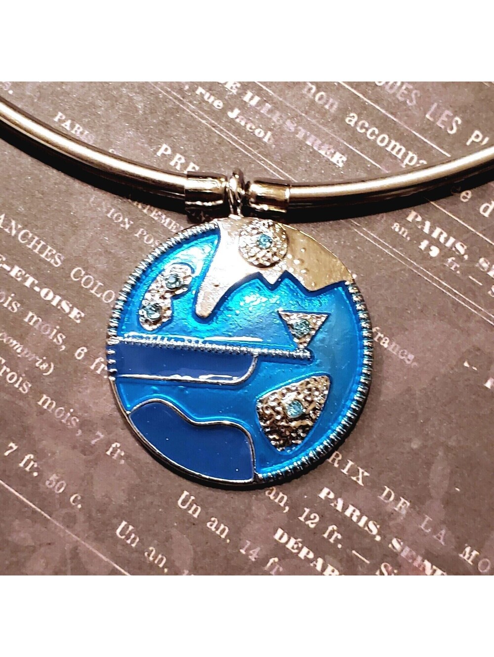 Y2K 90s Turquoise Blue Enamel Silver Crystal Pendant Choker Neckwire Necklace
